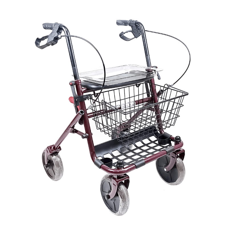 Deambulatore rollator leggero adatto sia per uso interno che esterno. Struttura in tubolare di alluminio verniciato. Seduta imbottita da utilizzare per riposarsi in caso di sosta.