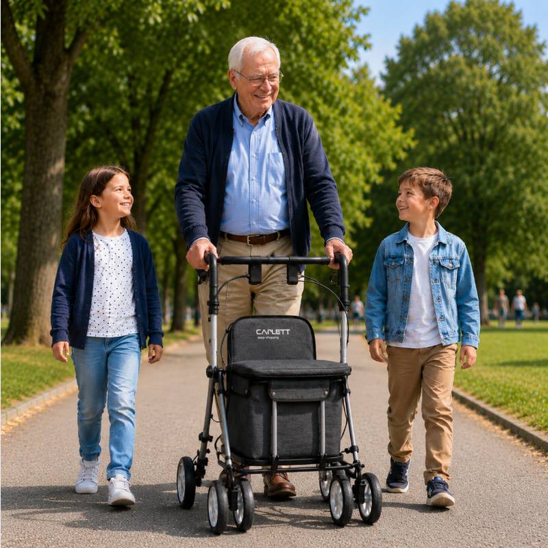 Persona anziana con rollator e con bambini